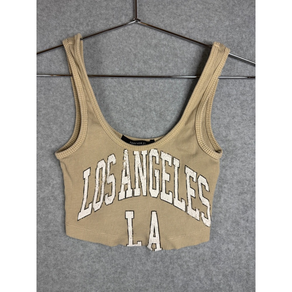 Forever 21 Los Angeles LA Graphic Ribbed Crop Top Tan Sleeveless Tank Small